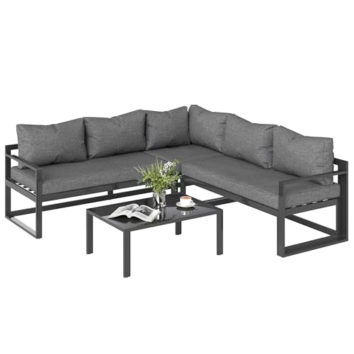 Outsunny 3-TLG. Gartengarnitur Gartenmöbel-Set mit Breitem Sitz, 4-stufig verstellbar Gartenliege Gartenset Sitzgruppe mit Beistelltisch Sofa mit Kissen Outdoor Aluminium Grau