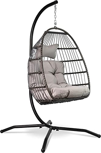 VITA5 Hängesessel mit Gestell - Bequemer Hängekorb Sessel - Rattan Hängesessel Outdoor und Indoor - Boho Egg Schaukel für Terrasse&Leseecke - 150 kg Tragkraft (Grau)