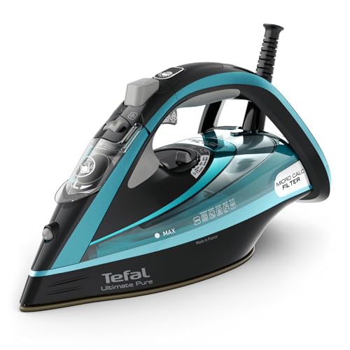 Tefal Dampfbügeleisen Ultimate Pure, 3200 W, 1,2 kg, Micro-Calc-Filter, Durilium Airglide Autoclean-Bügelsohle, automatische Abschaltung, ‎0,35 Liter Wassertank, Made in France, schwarz/türkis, FV9844