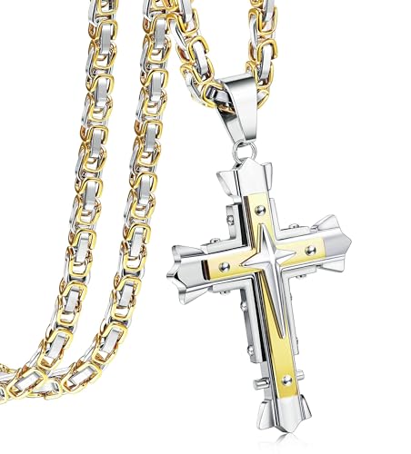 CASSIECA Edelstahl Kreuz Königskette für Herren - Byzantinische Kette mit Jesus Anhänger Schwarz Gold 56/61/71cm
