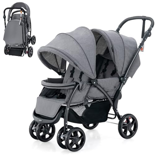 FANTASK Geschwisterwagen klappbar, Zwillingswagen mit verstellbarer Rückenlehne & Verdeck, für Baby ab 6 Monate, 30 kg Belastbar (Grau)
