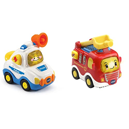 Vtech TUT TUT Baby Flitzer - Polizei – Für 1-5 Jahren & TUT TUT Baby Flitzer - Feuerwehrauto – Spielzeugauto mit Musik, aufleuchtender Taste, spannenden Sätzen und Geräuschen – Für 1-5 Jahren