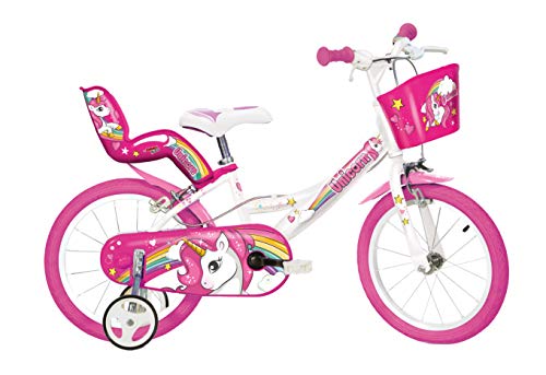 Dino Bikes Einhorn Kinderfahrrad Unicorn Mädchenfahrrad – 16 Zoll | Original | Kinderrad mit Stützrädern, Puppensitz und Fahrradkorb - Das Einhorn Fahrrad als Geschenk für Mädchen
