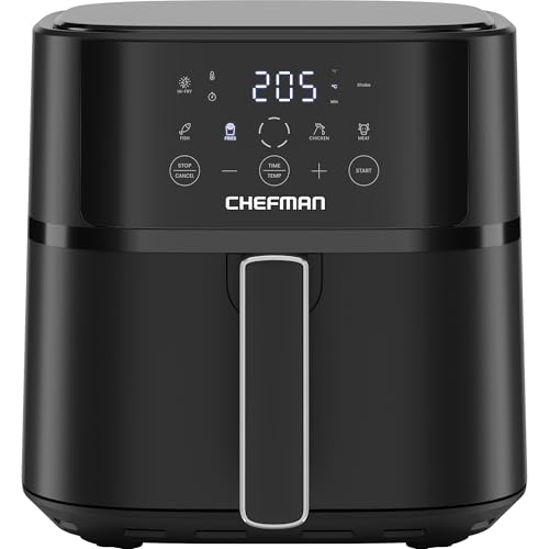 Chefman 5,7L Heißluftfritteuse, schnell & einfach, kompakte Heissluftfritteuse mit Hi-Fry Technologie, Touch Controls mit 4 Voreinstellungen, antihaftbeschichtet & spülmaschinenfest - Schwarz