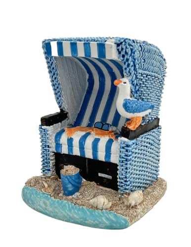 Heiko Blume Mini Strandkorb Deko Blau‑Weiß – Handbemalte Maritime Miniatur aus Kunstharz, 11,5 × 9 × 9 cm, Strand‑Dekoartikel fürs Wohnzimmer/Badezimmer/Büro, Küsten‑Geschenkidee