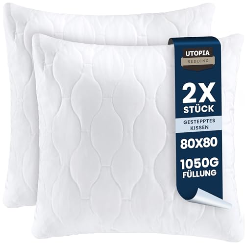 Utopia Bedding Kopfkissen 80x80 cm (2er Set), Gestepptes Kissen für Bett und als Dekokissen, Kissenfüllung, SofaKissen, Zierkissen für Couch (Weiß)