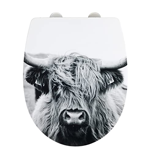 WENKO WC-Sitz mit Absenkautomatik (Softclose), Toilettensitz abnehmbar durch Fix-Clip, O-Form, bruchstabiler Thermoplast, Toilettendeckel mit mehrfarbigem Hochglanzdruck Yak-Motiv, Mod. Yak