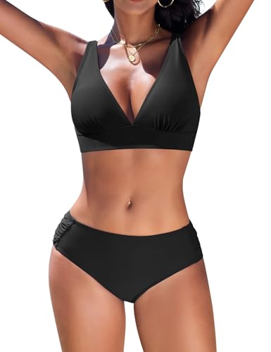 Nadeer Damen Bikini Set V Ausschnitt Lace Up Zweiteiliger Bademode Push Up Badeanzug Mid Waist Bauchweg Swimsuit