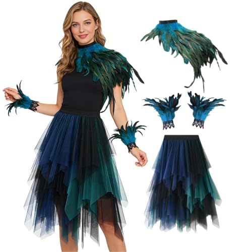 Pfau Kostüm Damen Fasching, 3 Stück Blau Grün Pfau Tüllrock, Feder Cape, Handschuhe, Faschingskostüm Accessoires Gotische kostüm für Fasching Karneval Halloween Maskerade Party Cosplay