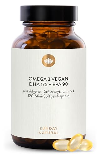 SUNDAY NATURAL® Omega 3 Vegan - 120 Softgel Kapseln - 1.000 mg Algenöl pro Tagesdosis: 350 mg DHA und 180 mg EPA - Leicht schluckbare Omega 3 Kapseln hochdosiert - Laborgeprüft