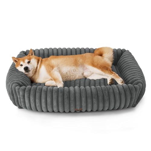 BEDSURE waschbares Hundebett für große Hunde - 91x68x20cm weicher orthopädischer Hundekorb mit bequemem Fleece-Bezug, rutschfestes Hundebett mit hohem Rand in grau