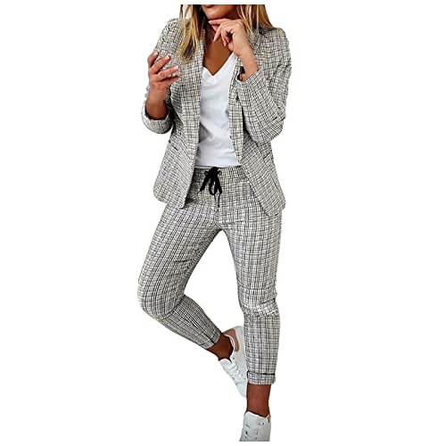 EMATOP Damen Anzug Elegant 2 Teilig Hosenanzug Langarm Business Anzug Set Zweiteiler Einfarbig Blazer Hose Festlich Lange Hosenanzüge Sportlich Slimfit Streetwear Frauen Baumwolle Freizeitanzug