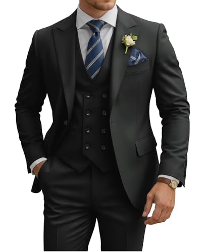 TIJOFA 3-teiliger Anzug für Herren, schmale Passform, zweireihig, Hochzeitsanzüge, klassischer Ein-Knopf-Design, formell, Abschlussball, Abendessen, Smoking, Schwarz, 6XL