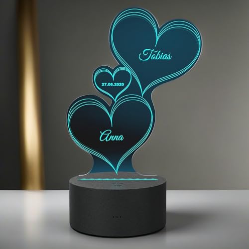 Smyla LED Herz-Leuchte mit Gravur Personalisiert | LED-Herz mit Wunsch-Namen und Datum und Farb-Lichtern als Geschenk-Idee | LED-Lampe Graviert | Deko Wohnzimmer | 7 Farben | Geschenk