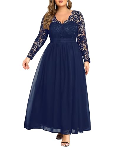 Talisea Formelle Brautkleider in Übergröße – Abendkleid, Abschlussball, elegant, V-Ausschnitt, lange Ärmel, Spitze, Chiffon, langes Maxikleid, Marineblau, 52 Mehr
