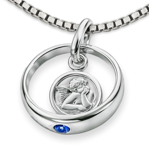 CLEVER SCHMUCK Junge Taufkettchen Taufring 12 mm Engel rund Stein safirblau & Kette Venezia 36 cm STERLING SILBER 925 für Jungen im Taufe Etui