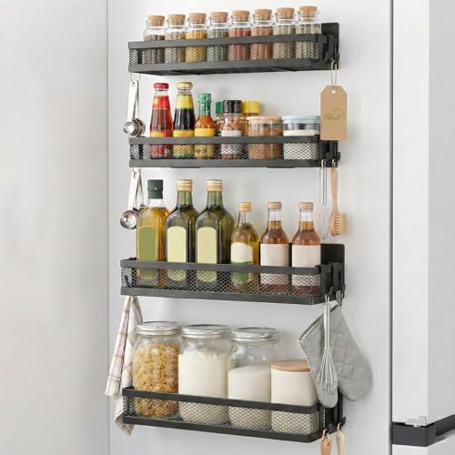 Ribech Magnetisches Regalset für Kühlschrank, 4 Teile mit 8 Haken – Starker Magnet-Organizer ohne Bohren für Küche, Gewürze & Aufbewahrung