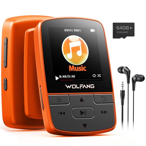 WOLFANG 64 GB MP3-Player mit Bluetooth 5.2, Sportclip, Mini-Größe, Gewicht 28,3 g, HiF-FM-Radio, Diktiergerät, Kopfhörer im Lieferumfang enthalten, Orange