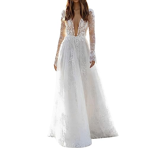 Generisch Brautkleid Weiß Langarm Hochzeitskleid Abendkleider Damen Elegant Festliche Kleider Hochzeit Knielang Ballkleid Cocktailkleid Partykleid 02 Weiß L