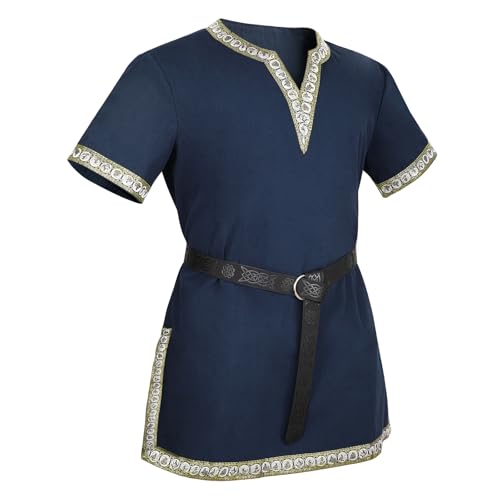VONMELLI Herren Mittelalter Kostüm Hemden Renaissance Vintage Tunika Wikinger Ritter Pirat mit Schwarz Wikinger Gürtel für Halloween Cosplay Blau M