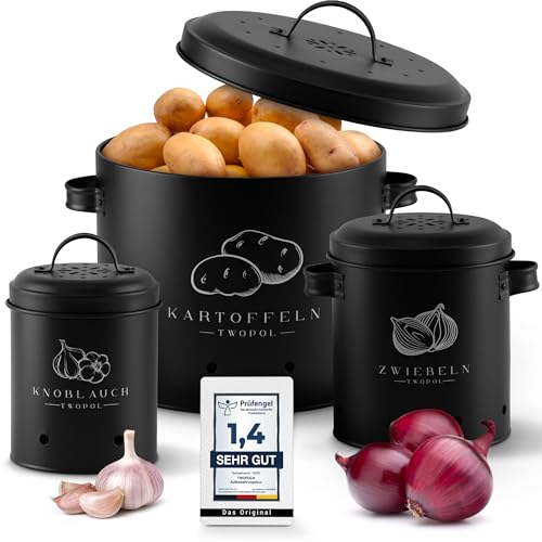Twopol® Kartoffel Aufbewahrungsbox [3er Set]-mit 360°Luftzirkulation hält Gemüse länger frisch-der ideale Weg für Zwiebel Aufbewahrung Kartoffel Aufbewahrung und Knoblauch Aufbewahrung (Schwarz)