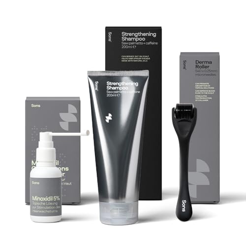 Sons Komplettset für Männer mit Minoxidil 5%, Derma Roller & DHT Blocker Shampoo, fördert Haarwachstum bei Haarausfall & Ausdünnung, stärkt Haarwurzeln & Follikel, 1 Monat