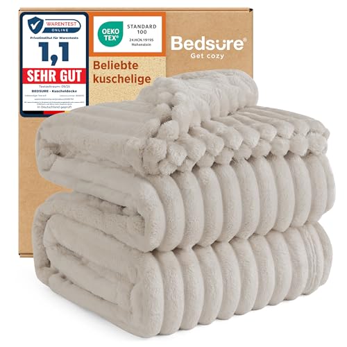BEDSURE kuscheldecke 220x240 - Tagesdecke, Wolldecke & Fleecedecke, Sofadecke, Weiche Warme Grobe Korddecke für Zimmer Deko, Wohn- & Kuscheldecken, XXL Große Decke, Beige, 220 x 240 cm