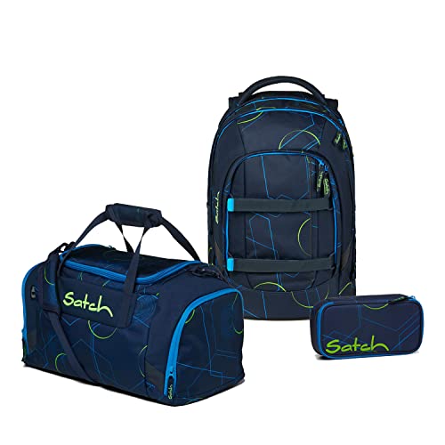 satch Pack Schulrucksack Set 3tlg. mit Sporttasche und Schlamperbox (Blue Tech)