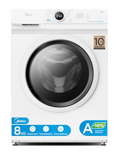 Midea MF10EW80BA10 Waschmaschine / 8kg / 1400 U/Min/EEK A-10%/Inverter Quattro Motor/Dampffunktion/Grosse Trommel/Nachlegefunktion/Kindersicherung/AquaStop, Weiß