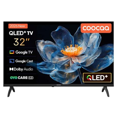 coocaa QLED Smart TV 32 Zoll, 80cm, QLED Fernseher kompatibel mit Google TV, HDR10, Dolby Audio, Bluetooth 5.1, EyeCare, Google Cast, Triple Tuner (DVB-T/T2/C/S/S2, CI+), 32CGQG40Z, 2026 Modell