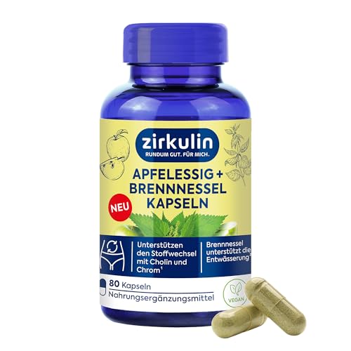 Zirkulin Apfelessig + Brennnessel (80 Kapseln) – Mit Chrom & Cholin für normalen Stoffwechsel – Unterstützt Entwässerung & Nierenfunktion – Vegan, glutenfrei, laktosefrei