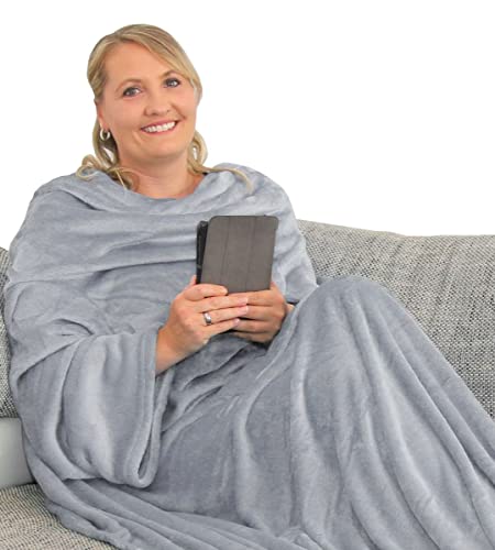 L.E.M.B. Hometrends Kuscheldecke mit Ärmeln TV Decke Sofadecke Ärmeldecke Wohndecke Fleecedecke Mikrofaser Strokkur 150 x 180 cm hellgrau
