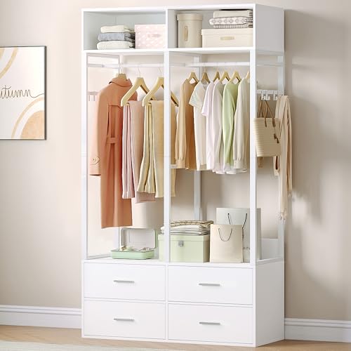 Hzuaneri Kleiderschrank 100 cm, Offene Ablageregale, Eisenholz, Mit 4 Holzschubladen, Oberes Staufach, Moderner Stil, Geeignet für Schlafzimmer und Ankleidezimmer, 100 x 43 x 185 cm, Weiß BW06603W