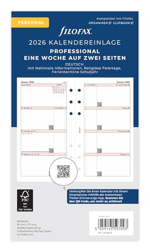 Filofax Kalender Personal Prof.1 Woche auf 2 Seiten (deutsch)2026