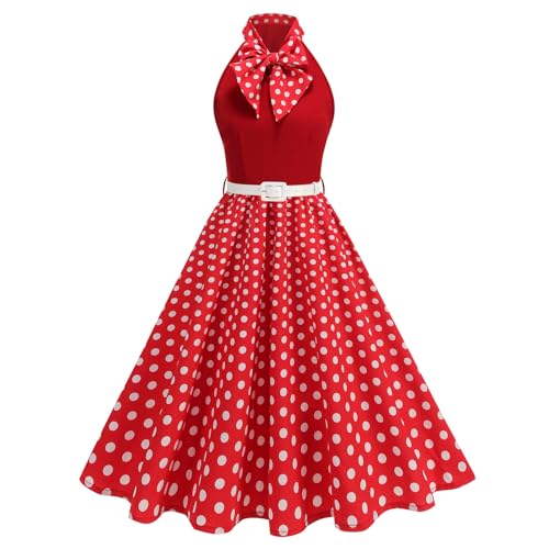 EFOGEP Damen 1950s Vintage Polka Dots Rockabilly Swing Kleid Hepburn Style Halterneck Bow 50er Jahre Retro A-Linie Midikleider Cocktail Party Formal Abend Prom Kleid Rot S