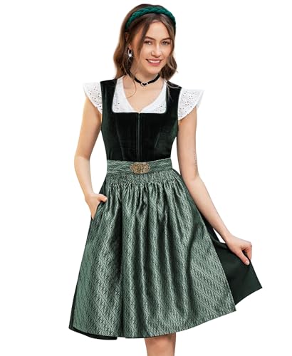 DirndlStern Dirndl Damen Trachtenkleid Grün - Trachtenrock Midi Samt Dirndlkleid Oktoberfest Outfit mit Dirndlschürzen 36