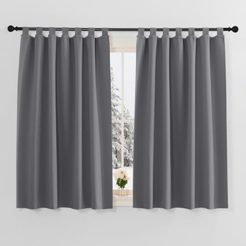 PONY DANCE Gardinen Kurz Schlaufenschal 2er Set - Küchen Vorhänge Kurz H 145 x B 140 cm Blickdichte Gardinen Grau Verdunklungsvorhänge Kinderzimmer Thermovorhang gegen Kälte