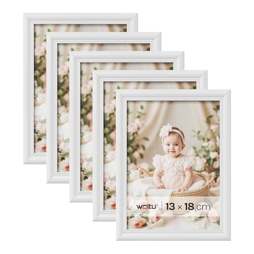 WOLTU Bilderrahmen 13x18cm 5er Set Fotorahmen Holzrahmen mit Passepartout, zum vertikalen oder horizontalen Aufhängen/Aufstellen, Posterrahmen Collage Wanddeko, Weiß
