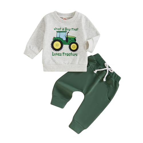 ESSECMBS Kleinkind Baby Jungen Traktor Trainingsanzüge 2PCS Set Langarm Traktoren Sweatshirt Elastische Taille Hosen mit Kordelzug Jungen Warme Weiche Traktor Outfits Hosen Set (Grau, 2-3 Jahre)