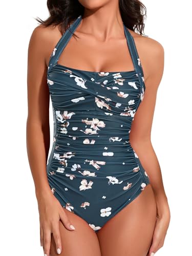 Smismivo Badeanzug Damen Bauchweg Push Up Schwimmanzug mit Retro Schlankheits Raffung Vintage Einteilige bademode Swimsuits for Women