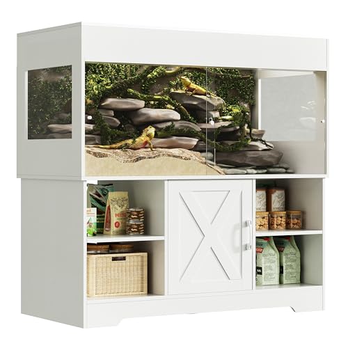 Herture Reptilien Terrarium mit Unterschrank, 455L Terrarien für Bartagame, mit Schiebetüren aus Acrylglas Gitterdeckel Aufbewahrungsschrank integrierte Steckdose, 122x61x121cm, EPX01RTW
