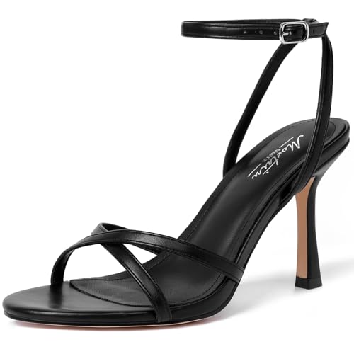Mostrin Riemchen-Absätze für Damen, Schnürung, Knöchelriemen, rund, offener Zehenbereich, Stiletto-High Heels, Damen-Sandalen mit Absatz für Abschlussball, Party, Alltag, Schwarz, 38.5 EU