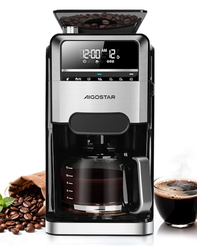 Aigostar Kaffeemaschine mit Mahlwerk, 1400W Filterkaffeemaschine, 7 Mahlgrade, 3 Aroma-Stufen, 1,5 Liter Coffee Machine (2-12 Tassen), 24H Timer, Warmhaltefunktion, Schwarz- für frischen Kaffeegenuss
