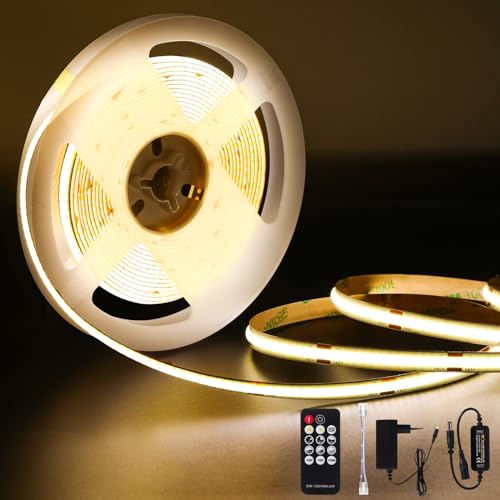 Amdelne 4000K COB LED Streifen, 5M Dimmbares,LED 24V COB Streifen Licht set 320LEDs/M, Mit netzteil und Fernbedienung 3960LM, CRI90+ für Schlafzimmer,Küche，Spiegel,Heimdekoration