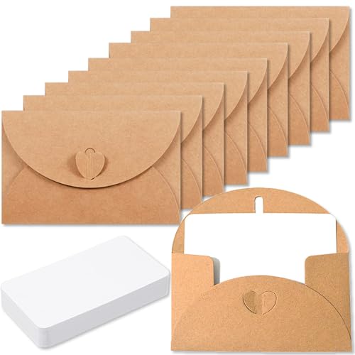 XFentech 15 Stück Mini Briefumschläge mit Karten - Vintage Mini Kraftpapier Umschläge Blanko Kärtchen Kleine Briefumschlägemit Herz Verschluss für Geschenkkarten DIY Dankeskarten Weihnachten
