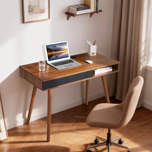 Artswish Schreibtisch mit Schublade, 108 x 50 x 75 cm, kompakter Computertisch mit Kabelmanagement, Schreibtsch Homeoffice in Nussbaum Farbe