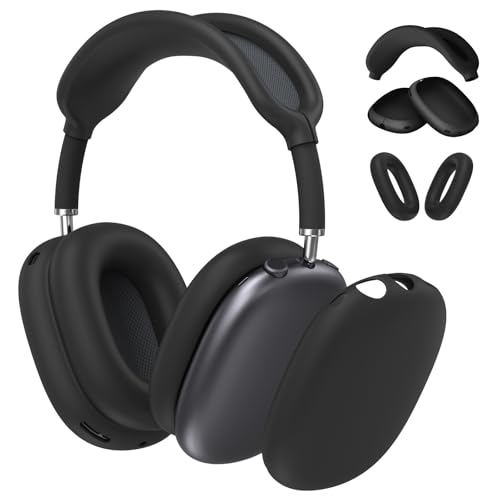 Fintie 3-in-1 Silikonhülle Kompatibel mit AirPods Max Kopfhörer, Kratzfeste AirPods Max Ohrpolster, Ohrmuschelabdeckung und Stirnbandabdeckung, Kopfhörer Zubehör, Schwarz