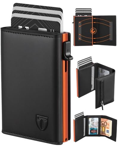 TEEHON Geldbörse Herren, Portmonee Herren mit Münzfach & RFID Schutz, Magnetischer Slim Wallet, Leder Portmonee, 7 Kartenetui, ID-Fenster - Schwarz Orange