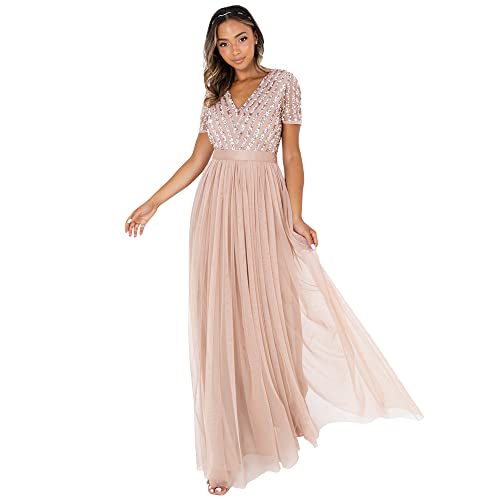 Maya Deluxe Damen Maya Deluxe Stripe Embellished Maxi With Sash Belt Bridesmaid Dress, Taupe Blush, 42 EU