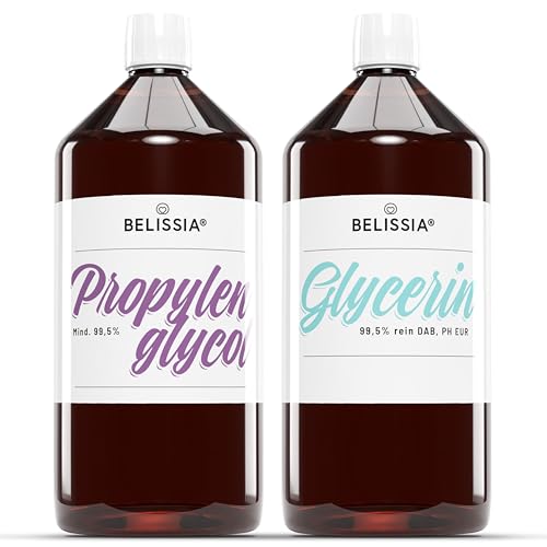 Belissia Glycerin (VG 99,5%) 1000ml E422 + & Propylenglykol (PG 99,9%) 1000ml E1520 | Laborqualität, Kosmetik, Pharma, Lebensmittel, Vegan